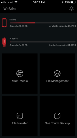 Экран Witstick с информацией о занятом пространстве на iPhone и накопителе