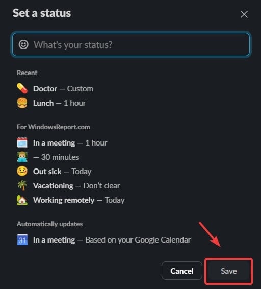 Выбор времени показа статуса и кнопка Сохранить