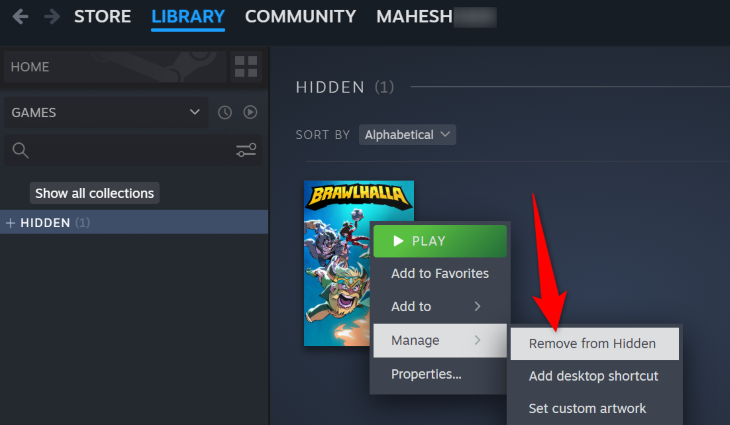 Выберите Управление > Убрать из скрытых