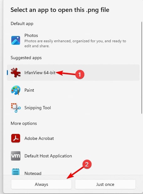Выбор IrfanView и установка всегда открывать этим приложением