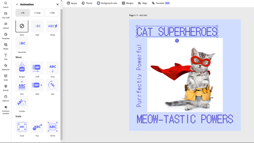 Просмотр вариантов анимации текста в Adobe Express