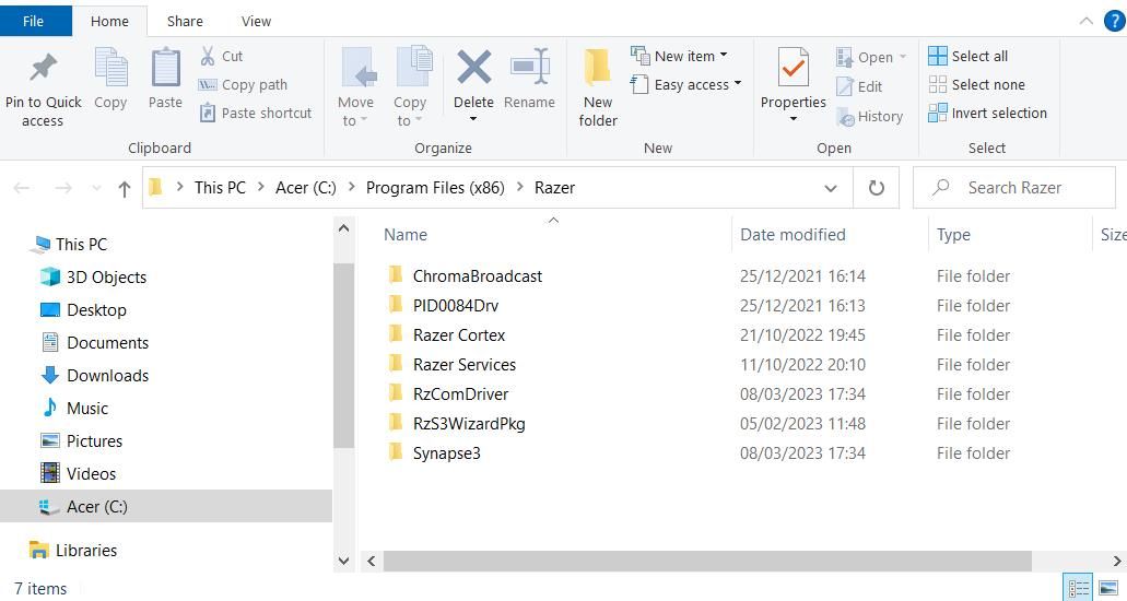 Папка Program Files > Razer