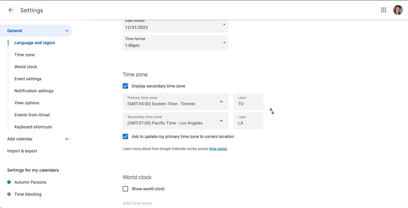 Панель настроек Google Календаря