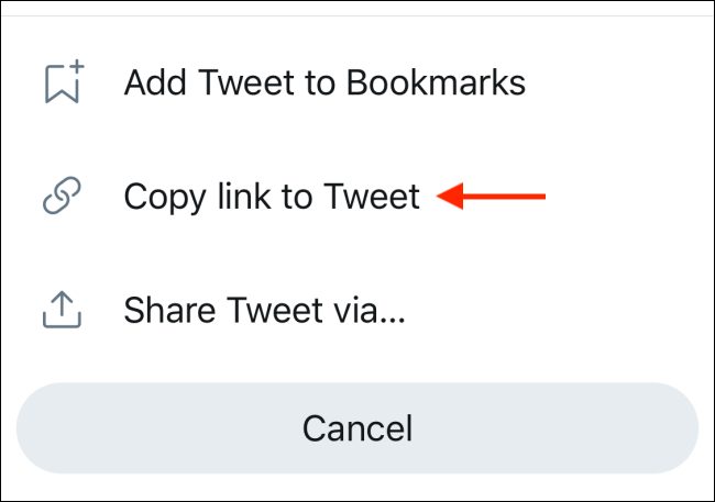 Выберите Copy Link to Tweet в меню обмена Twitter