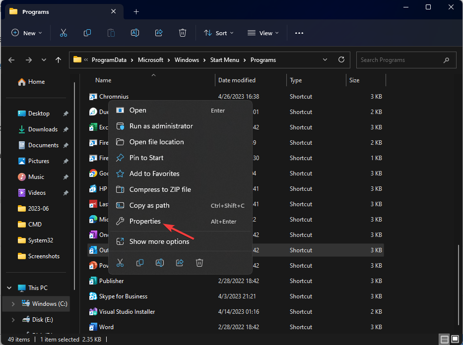 Свойства файла Outlook