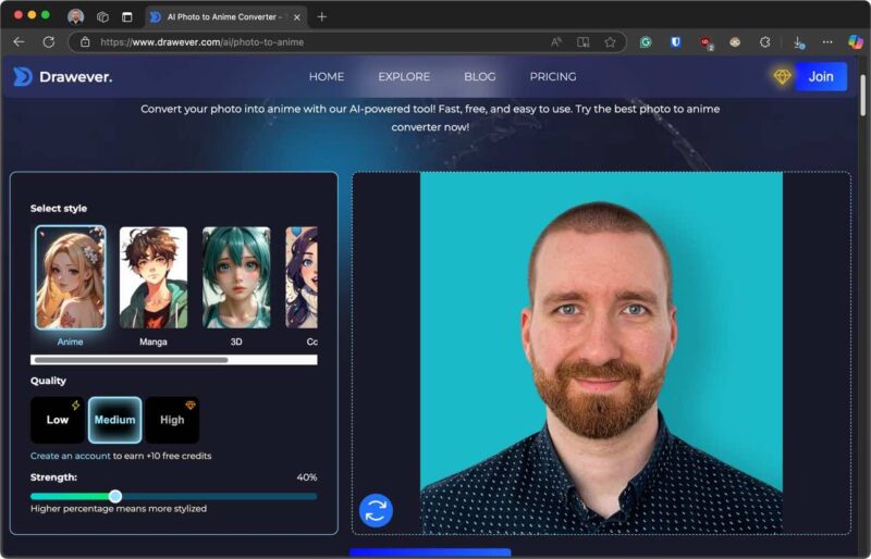 Загрузка фото в Drawever: выделена область загрузки