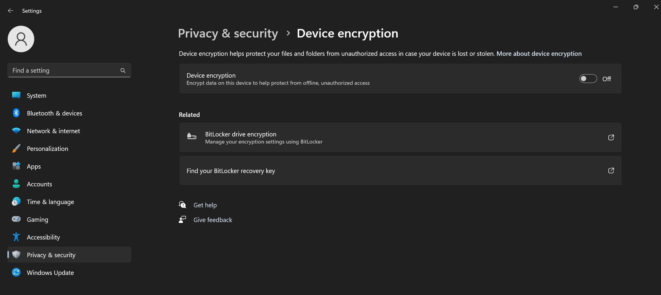 Окно Настройки шифрования устройства в Windows с пунктом выключения шифрования