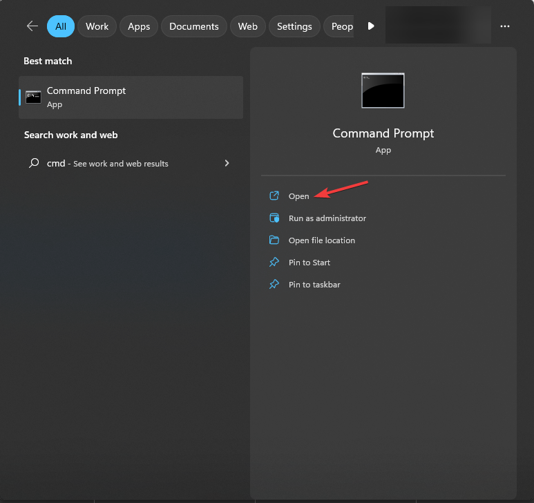 Окно командной строки: нажать Открыть