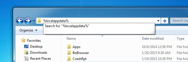 Проводник Windows, папка %localappdata% с выделенной папкой BoBrowser