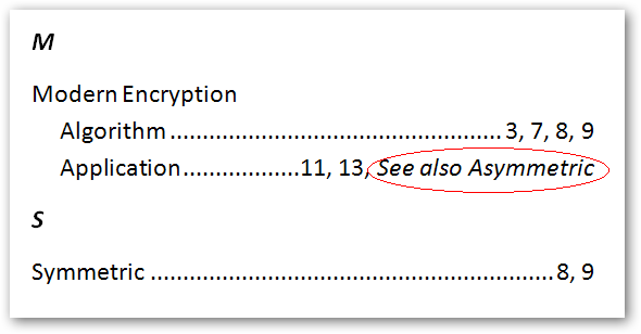 Пример «See also» в индексе
