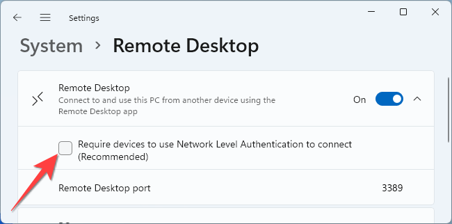 Опция для включения проверки подлинности на сетевом уровне (NLA).