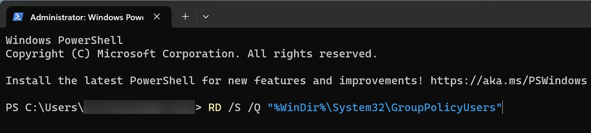 Выполнение команды в PowerShell для удаления GroupPolicyUsers