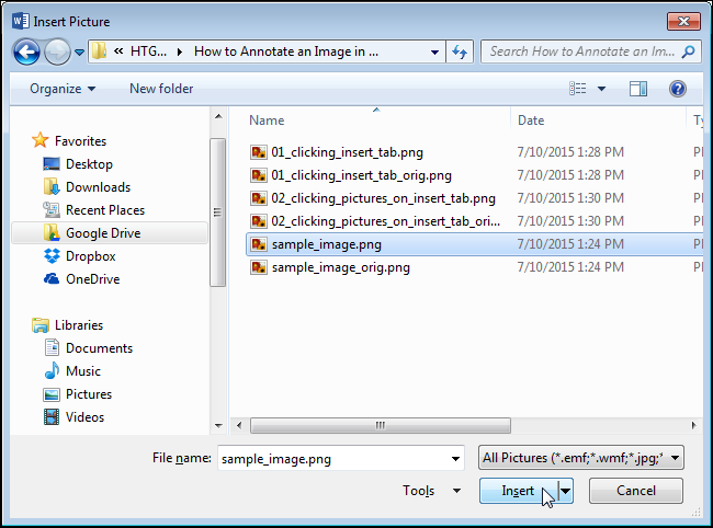 Диалог Вставка рисунка для выбора файла на компьютере
