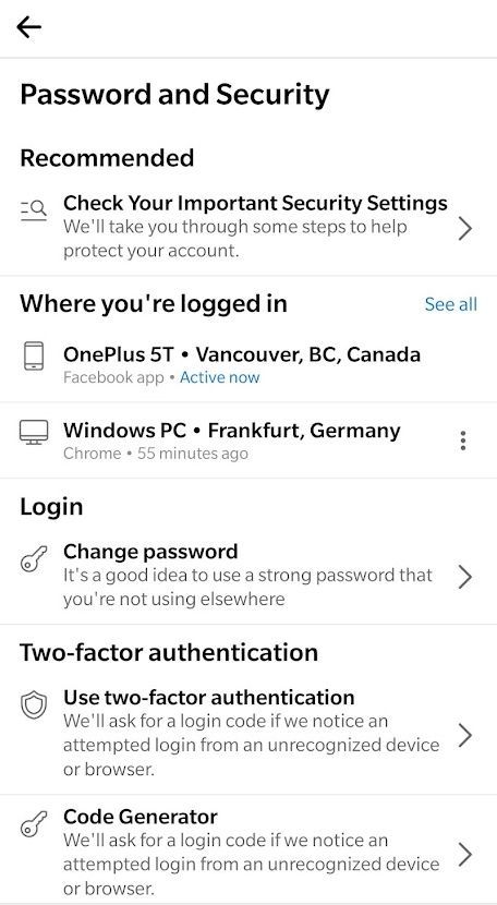 Пароль и безопасность в мобильном приложении Facebook