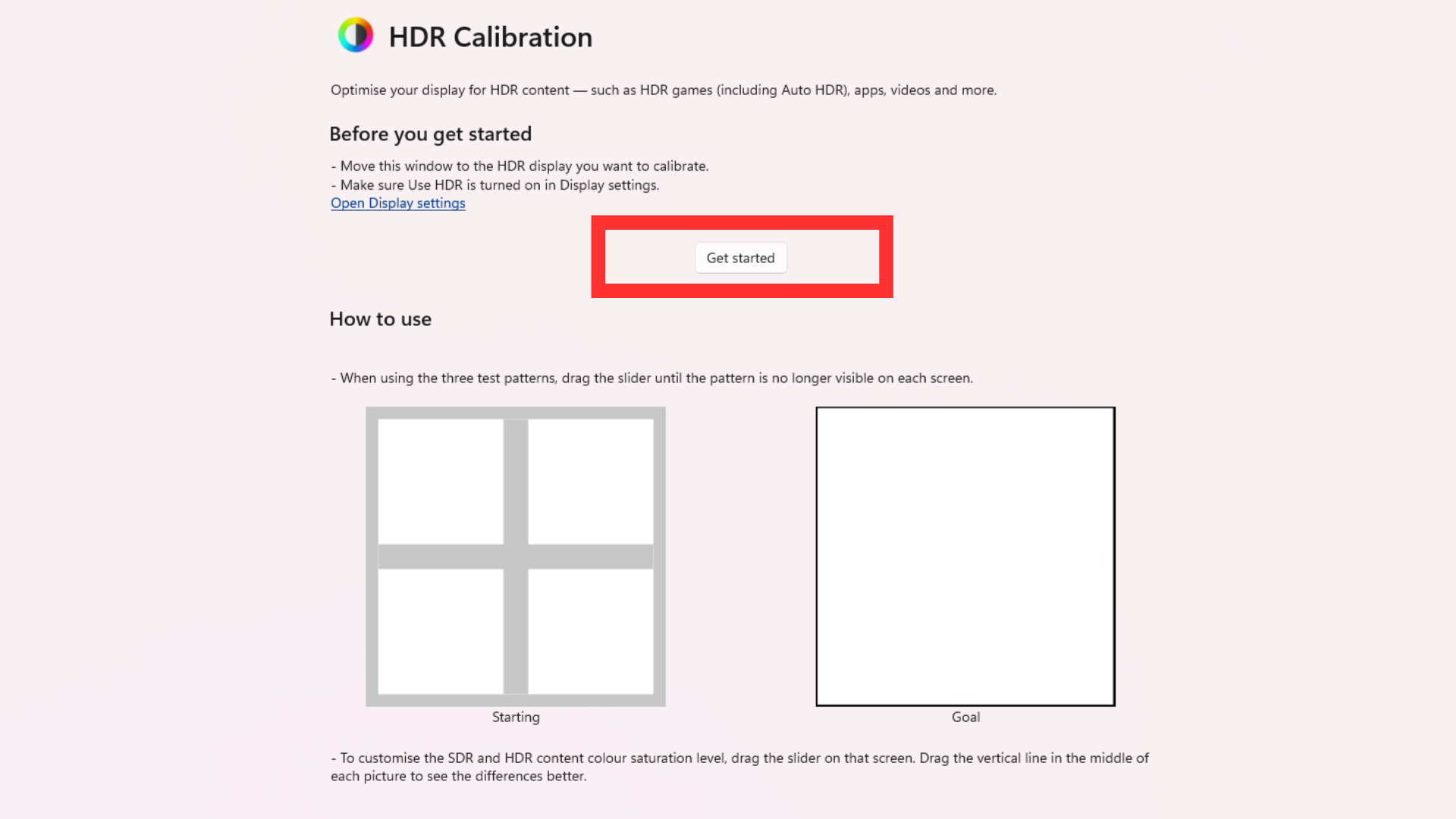 Кнопка «Начать» в приложении Калибровка HDR