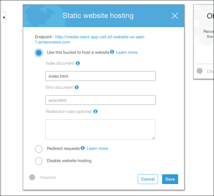Включение опции Static Website Hosting в свойствах бакета