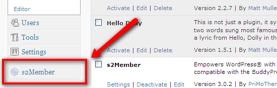 Меню плагина s2Member в боковой панели