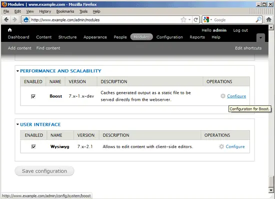 Ссылка для конфигурации модуля Boost в списке модулей
