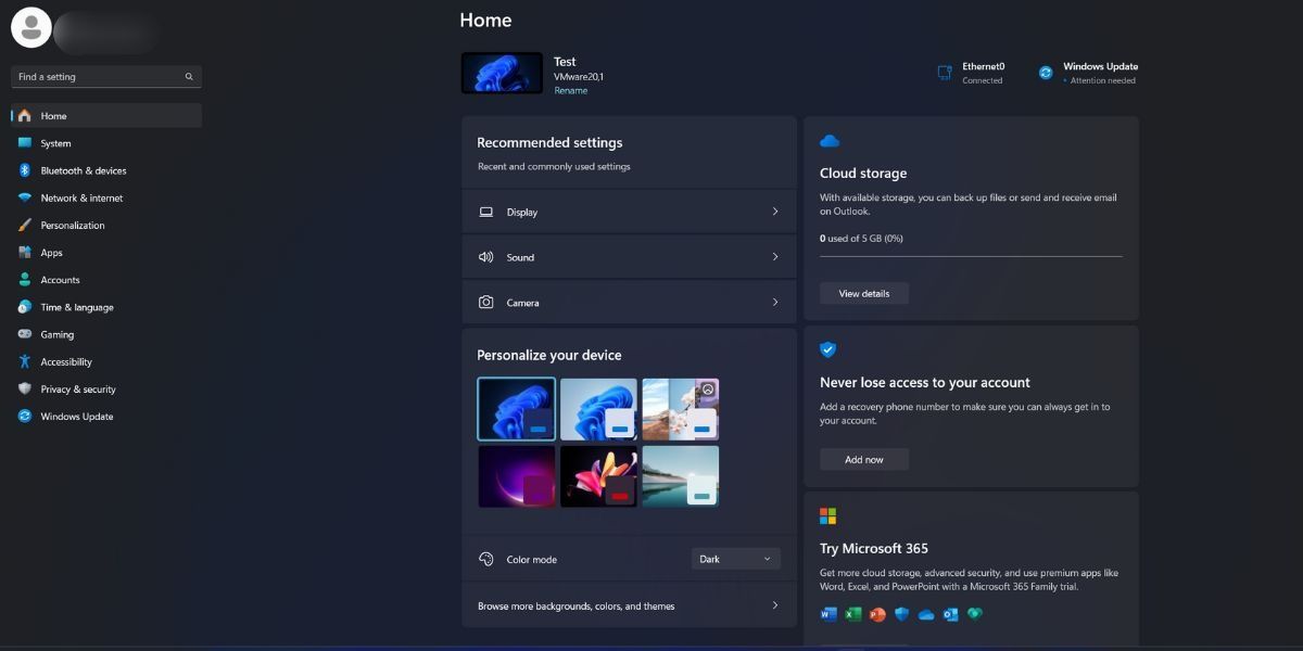 Новый раздел Home в приложении Параметры
