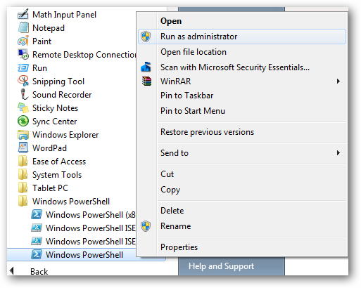 Запуск PowerShell от имени администратора через меню Пуск