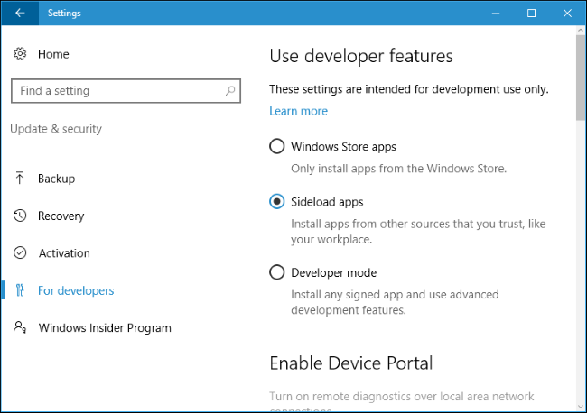Параметр «Для разработчиков» в Windows 10 с включённым режимом разработчика. 