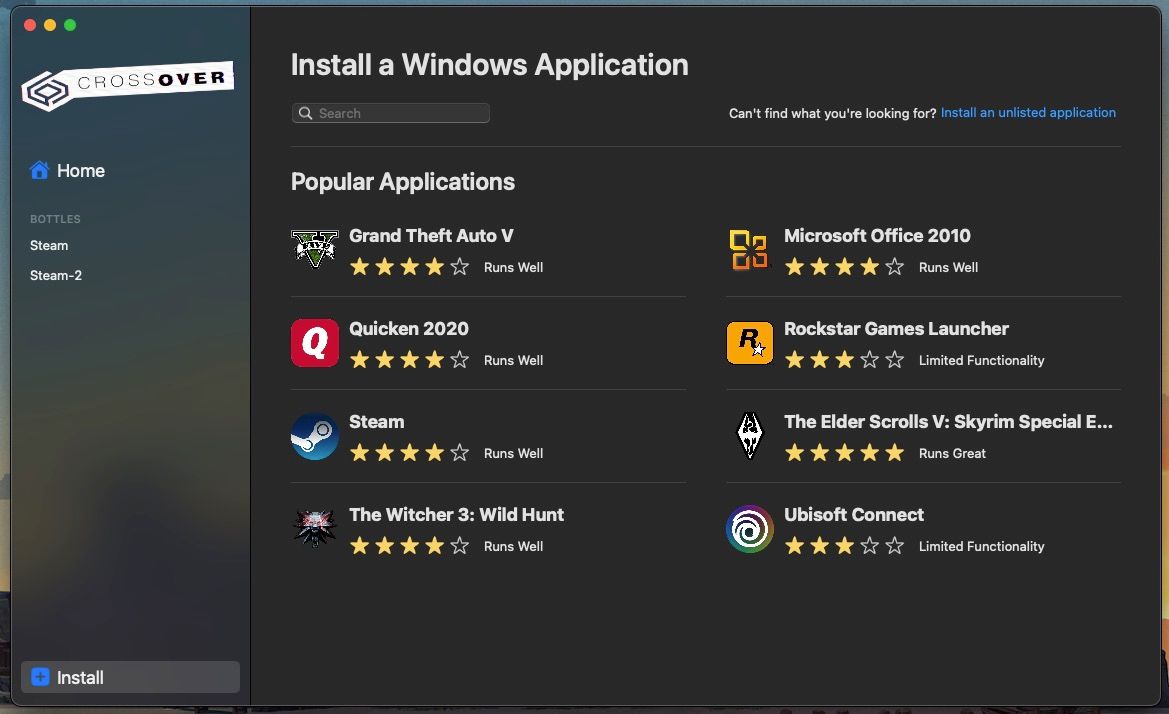 Раздел установки в CrossOver
