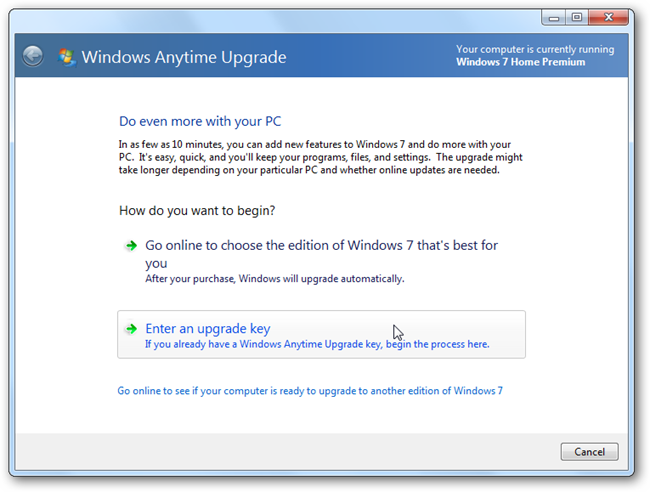 Окно Windows Anytime Upgrade: ввод ключа или покупка