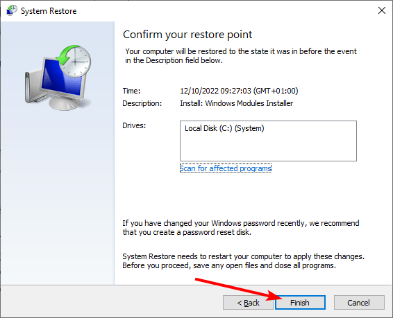 Кнопка Готово для подтверждения восстановления