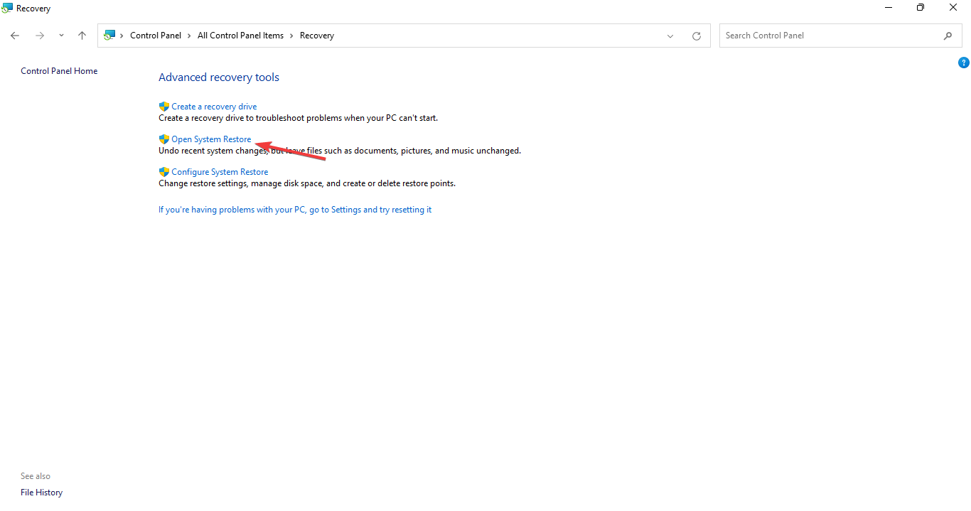 Скриншот кнопки Открыть восстановление системы