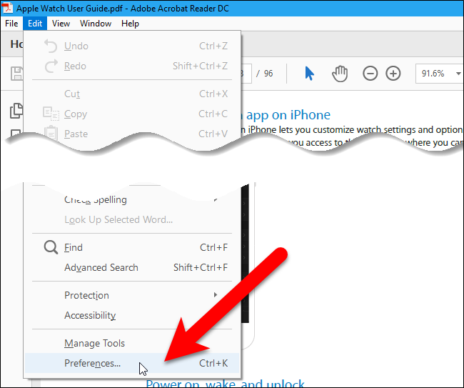 Вкладка меню для открытия настроек в Adobe Reader