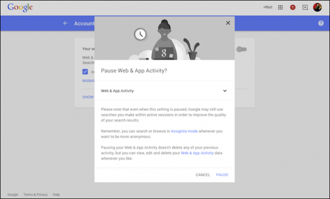 Подтверждение приостановки активности поиска — кнопка 'Пауза'