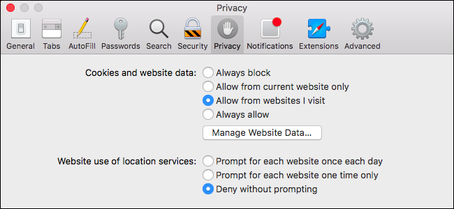 Параметры приватности и местоположения в Safari