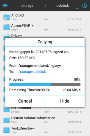 Transferência de arquivos no ES File Explorer mostrando progresso e velocidades