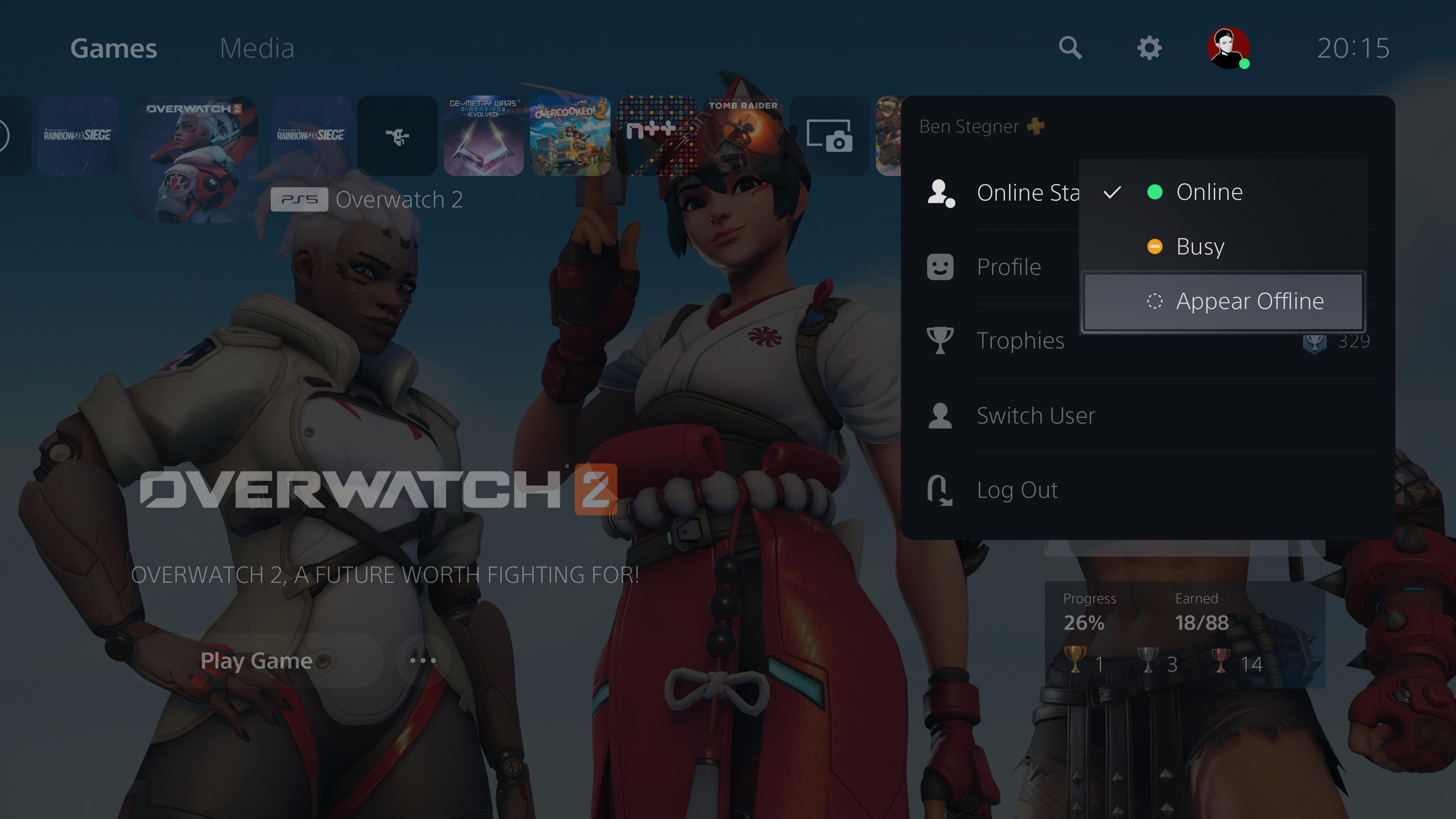 Экран PS5 с выбором статуса — Показать как офлайн