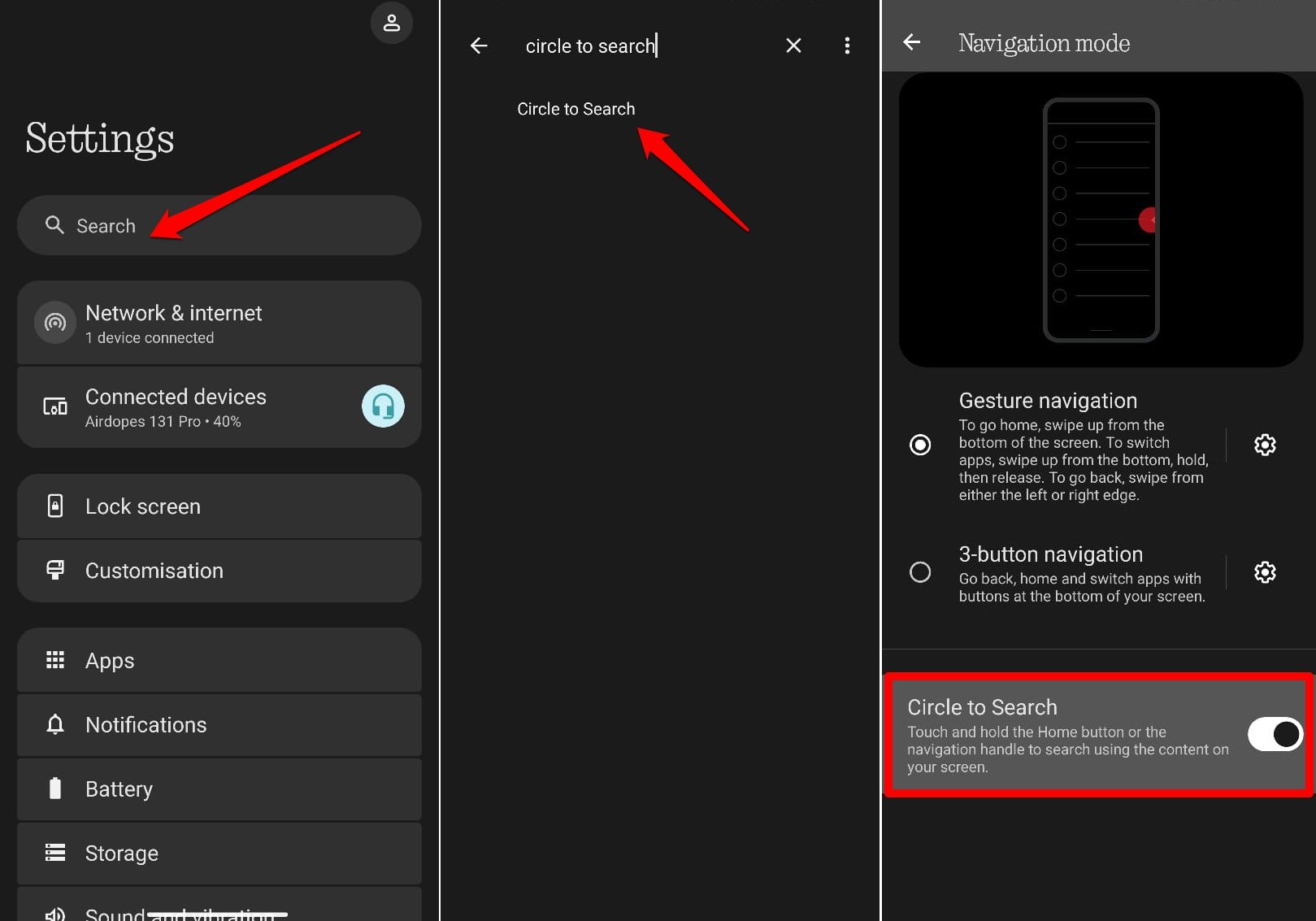 how to enable circle to search on Android 15