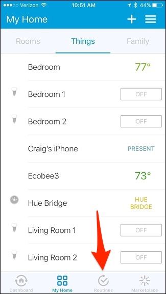 Вкладка рутин в SmartThings