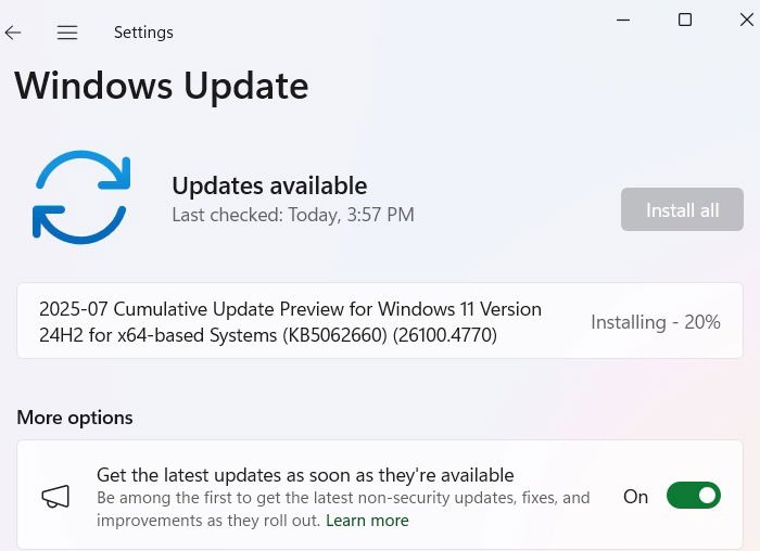 Установка обновления KB5062660 для Windows 11, 24H2, 22 июля 2025