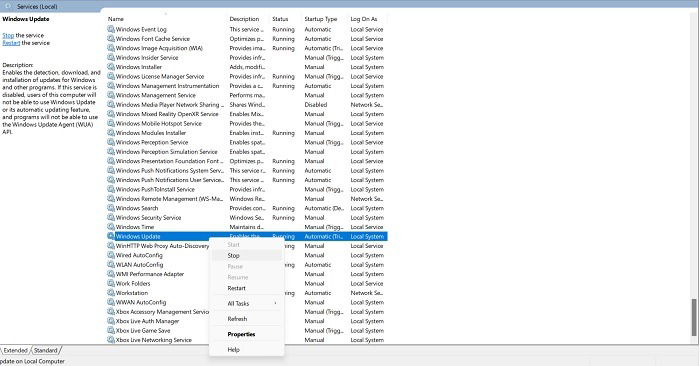 Servicio de Windows Update seleccionado para detener temporalmente desde la consola de servicios