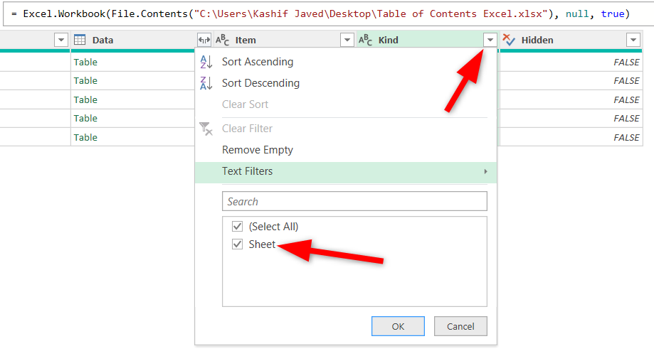Фильтрация объектов типа 'Sheet' в Power Query.