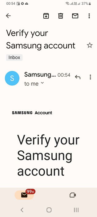 Подтверждение электронной почты для регистрации Samsung.