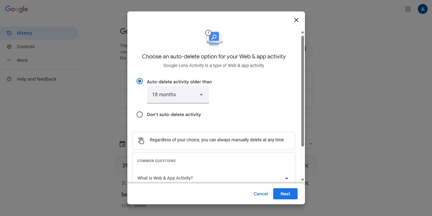 Опция автоудаления активности старше на странице Google Моя активность