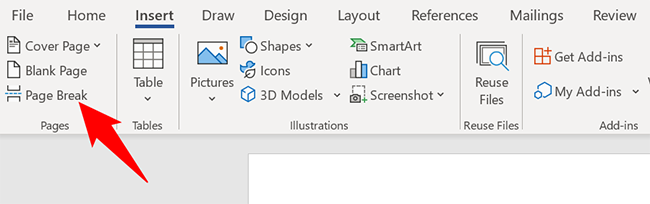 Нажмите «Разрыв страницы» во вкладке «Вставка»