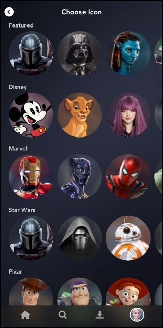 Библиотека изображений для профиля в приложении Disney+