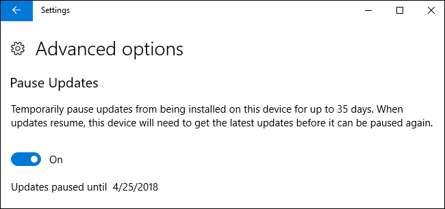 Переключатель приостановки обновлений в Windows
