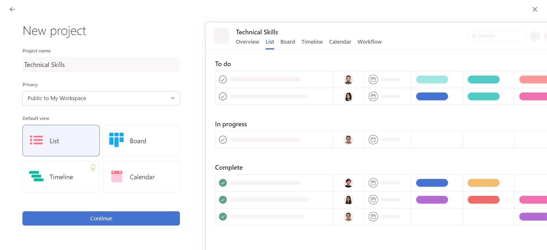Экран создания нового проекта в Asana