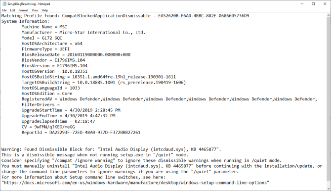 Скриншот: Пример содержимого SetupDiagResults.log с перечислением причин