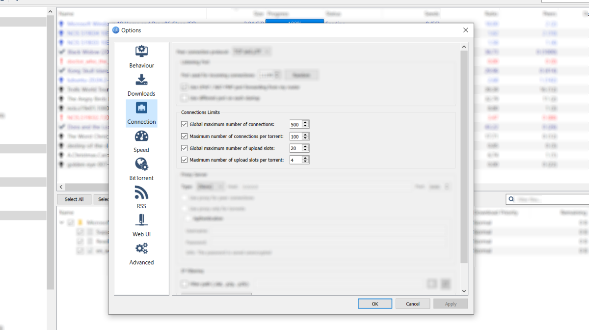 Страница настроек клиента с параметрами пропускной способности