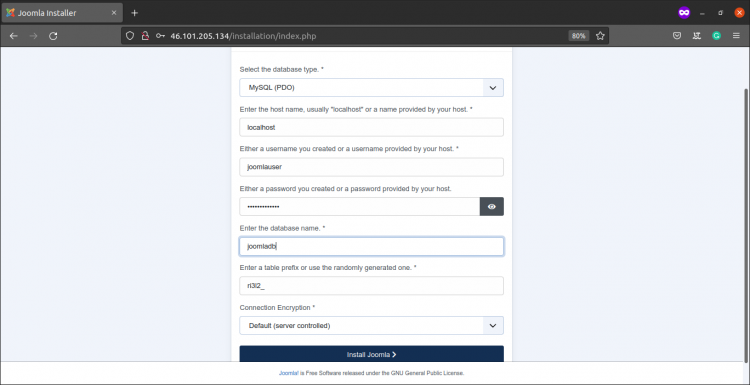 Подготовка к установке Joomla — подтверждение параметров