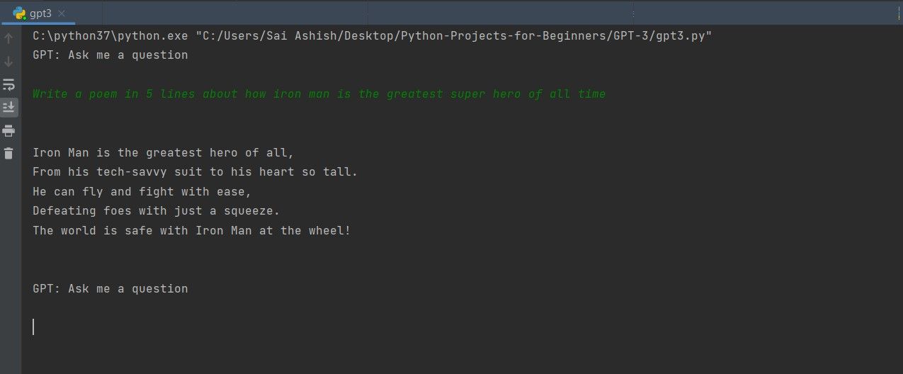 Пример вывода при использовании GPT‑3 из Python