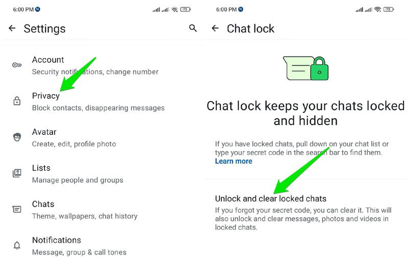 Опция «Разблокировать и очистить заблокированные чаты» в WhatsApp